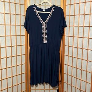 Old Navy Dark Blue V-neck Flutter Sleeve Dress with White Pattern Trim Size XL